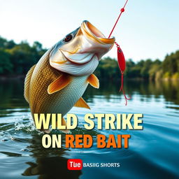 A high-resolution thumbnail depicting a close-up of a large bass in action, leaping out of the water to strike a vibrant red lure