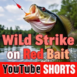 A high-resolution thumbnail depicting a close-up of a large bass in action, leaping out of the water to strike a vibrant red lure