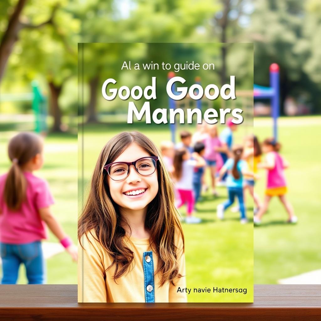 A book cover designed for a guide on good manners, featuring a cheerful 10-year-old girl with long brown hair and glasses in the foreground, radiating happiness and positivity