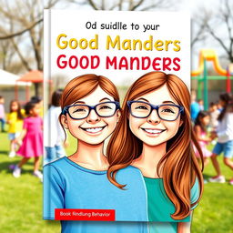 A book cover designed for a guide on good manners, featuring a cheerful 10-year-old girl with long brown hair and glasses in the foreground, radiating happiness and positivity