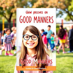 A book cover designed for a guide on good manners, featuring a cheerful 10-year-old girl with long brown hair and glasses in the foreground, radiating happiness and positivity