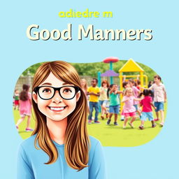 A book cover designed for a guide on good manners, featuring a cheerful 10-year-old girl with long brown hair and glasses in the foreground, radiating happiness and positivity