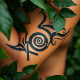 A close-up view of a tribal tattoo intricately designed with spirals inside, showcasing bold black lines that form a striking pattern