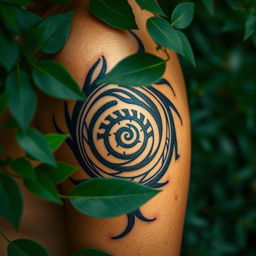 A close-up view of a tribal tattoo intricately designed with spirals inside, showcasing bold black lines that form a striking pattern