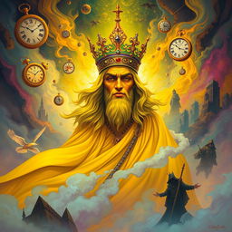 A surreal and vivid illustration of the Yellow King emerging from a dream realm, surrounded by swirling mist and vibrant colors