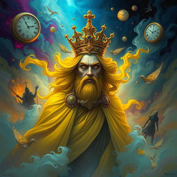 A surreal and vivid illustration of the Yellow King emerging from a dream realm, surrounded by swirling mist and vibrant colors