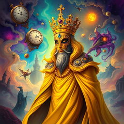 A surreal and vivid illustration of the Yellow King wearing an ornate mask as he emerges from a dream realm, surrounded by swirling mist and vibrant colors