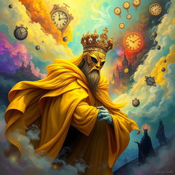 A surreal and vivid illustration of the Yellow King wearing an ornate mask as he emerges from a dream realm, surrounded by swirling mist and vibrant colors