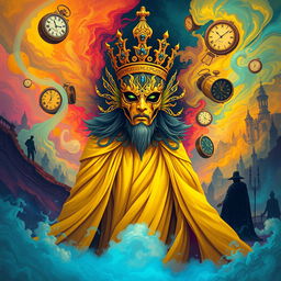 A surreal and vivid illustration of the Yellow King wearing an ornate mask as he emerges from a dream realm, surrounded by swirling mist and vibrant colors