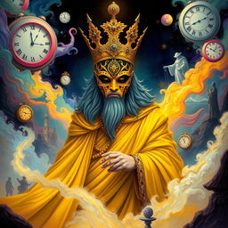 A surreal and vivid illustration of the Yellow King wearing an ornate mask as he emerges from a dream realm, surrounded by swirling mist and vibrant colors