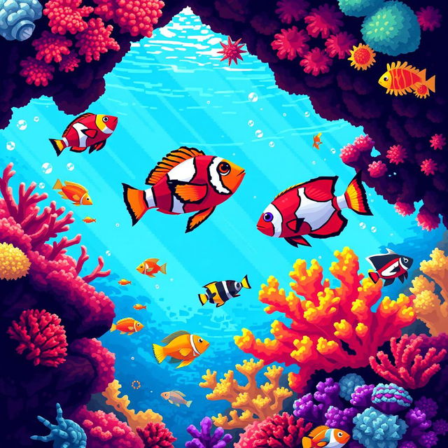 A vibrant underwater scene in pixel art style featuring a variety of colorful fish, intricately designed corals, and a shimmering ocean background