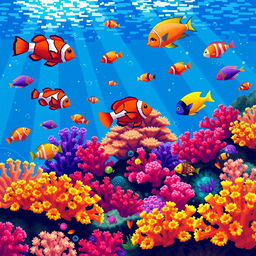 A vibrant underwater scene in pixel art style featuring a variety of colorful fish, intricately designed corals, and a shimmering ocean background