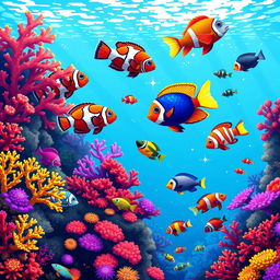 A vibrant underwater scene in pixel art style featuring a variety of colorful fish, intricately designed corals, and a shimmering ocean background