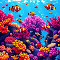 A vibrant underwater scene in pixel art style featuring a variety of colorful fish, intricately designed corals, and a shimmering ocean background