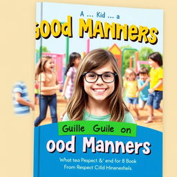 A colorful and engaging book cover for a guide on good manners, featuring a joyful 10-year-old girl with long brown hair and glasses, smiling brightly in the foreground