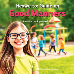 A colorful and engaging book cover for a guide on good manners, featuring a joyful 10-year-old girl with long brown hair and glasses, smiling brightly in the foreground