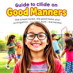 A colorful and engaging book cover for a guide on good manners, featuring a joyful 10-year-old girl with long brown hair and glasses, smiling brightly in the foreground