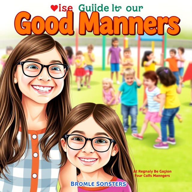 A colorful and engaging book cover for a guide on good manners, featuring a joyful 10-year-old girl with long brown hair and glasses, smiling brightly in the foreground