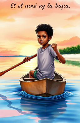 A realistic watercolor painting featuring a vibrant scene of an 8-year-old Afro-descendant boy paddling in his small wooden canoe named "Patrullero P-123"