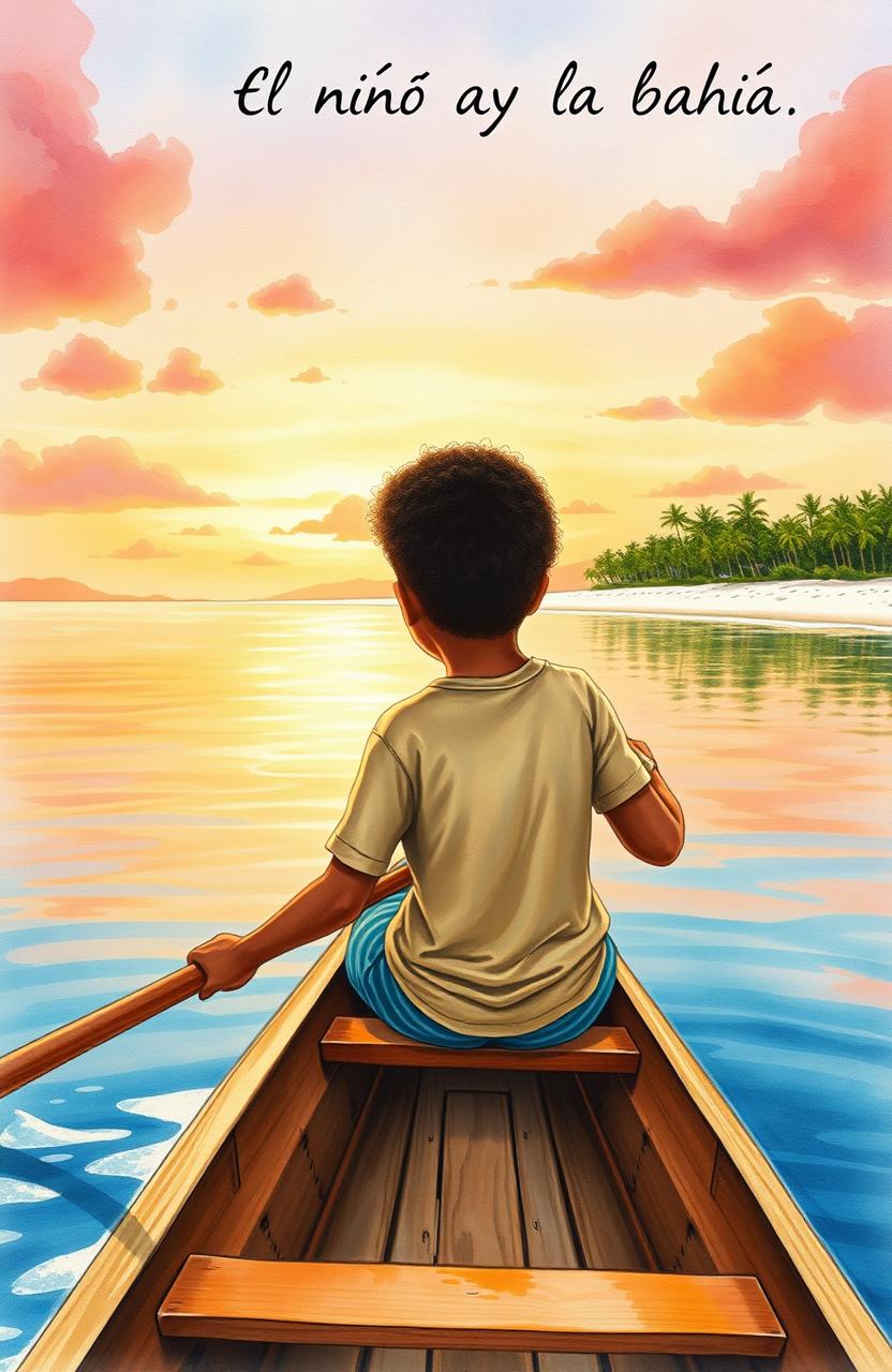 A realistic watercolor painting featuring a vibrant scene of an 8-year-old Afro-descendant boy paddling in his small wooden canoe named "Patrullero P-123"