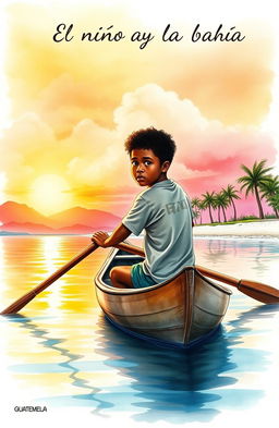 A realistic watercolor painting featuring a vibrant scene of an 8-year-old Afro-descendant boy paddling in his small wooden canoe named "Patrullero P-123"