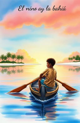 A realistic watercolor painting featuring a vibrant scene of an 8-year-old Afro-descendant boy paddling in his small wooden canoe named "Patrullero P-123"