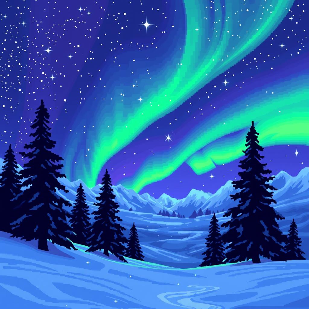 A stunning pixel art landscape depicting the northern lights (aurora borealis) dancing across a starry night sky