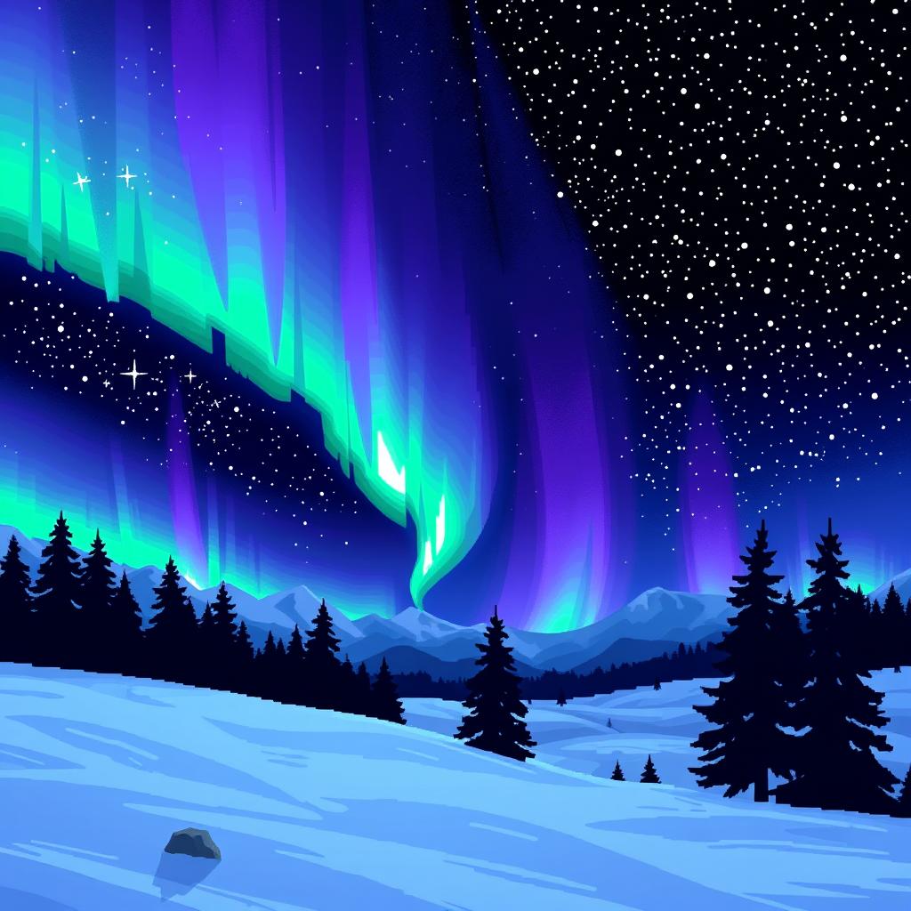 A stunning pixel art landscape depicting the northern lights (aurora borealis) dancing across a starry night sky