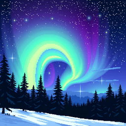 A stunning pixel art landscape depicting the northern lights (aurora borealis) dancing across a starry night sky