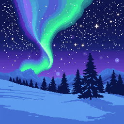 A stunning pixel art landscape depicting the northern lights (aurora borealis) dancing across a starry night sky