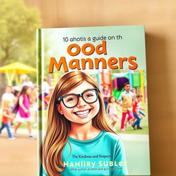 A captivating book cover for a guide on good manners without an author's name, showcasing a joyful 10-year-old girl with long brown hair and glasses in the foreground, radiating happiness and positivity