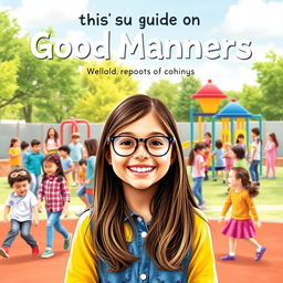 A captivating book cover for a guide on good manners without an author's name, showcasing a joyful 10-year-old girl with long brown hair and glasses in the foreground, radiating happiness and positivity