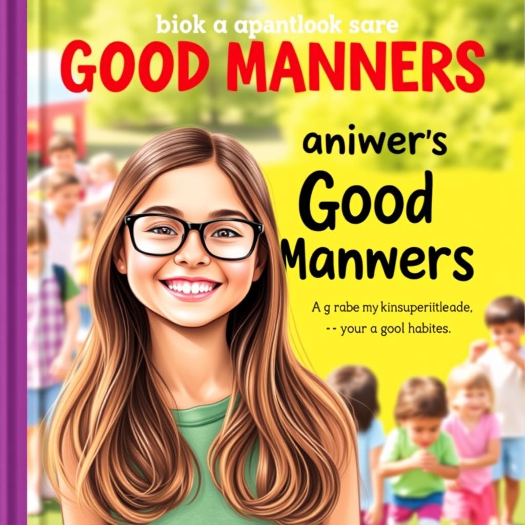 A captivating book cover for a guide on good manners without an author's name, showcasing a joyful 10-year-old girl with long brown hair and glasses in the foreground, radiating happiness and positivity