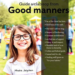 A captivating book cover for a guide on good manners without an author's name, showcasing a joyful 10-year-old girl with long brown hair and glasses in the foreground, radiating happiness and positivity