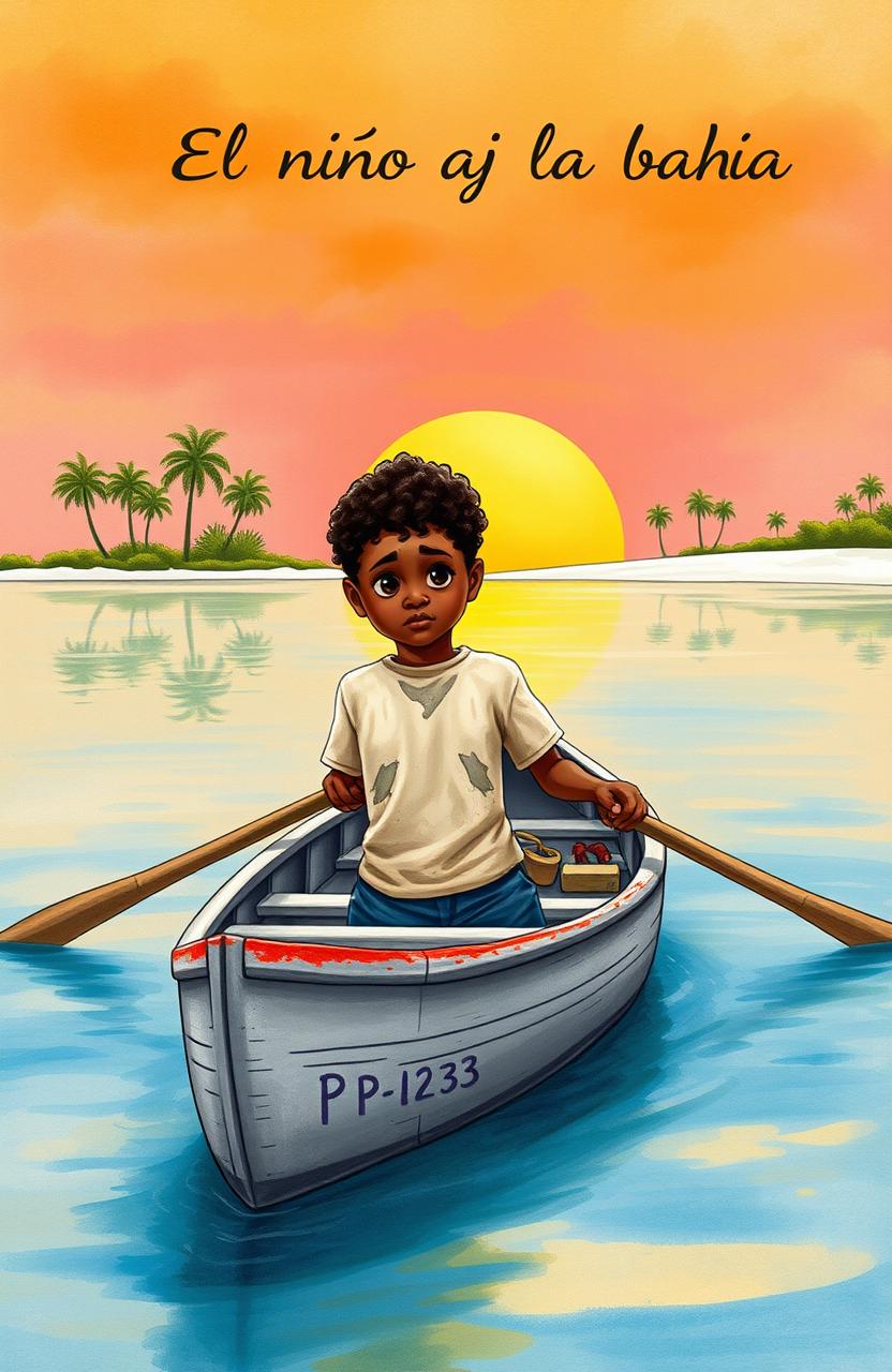 A vibrant watercolor scene depicting an 8-year-old Afro-descendant boy in a small gray wooden canoe named "Patrullero P-123"