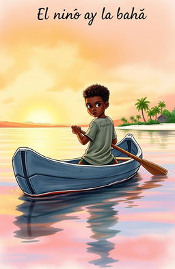 A vibrant watercolor scene depicting an 8-year-old Afro-descendant boy in a small gray wooden canoe named "Patrullero P-123"