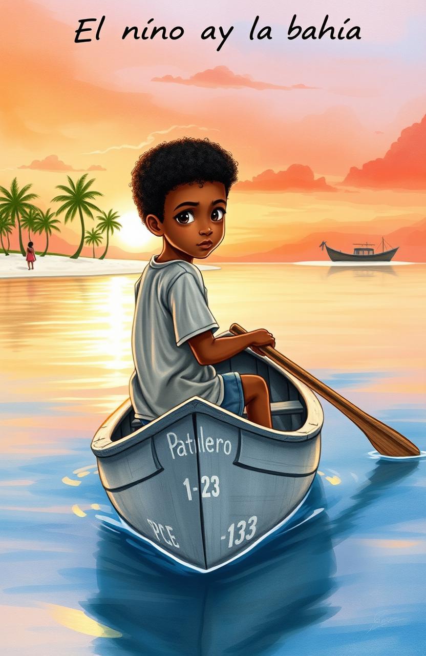 A vibrant watercolor scene depicting an 8-year-old Afro-descendant boy in a small gray wooden canoe named "Patrullero P-123"