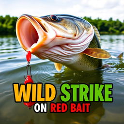 A high-resolution thumbnail featuring a close-up of a large bass energetically attacking a vivid red lure submerged in the water