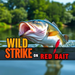 A high-resolution thumbnail featuring a close-up of a large bass energetically attacking a vivid red lure submerged in the water