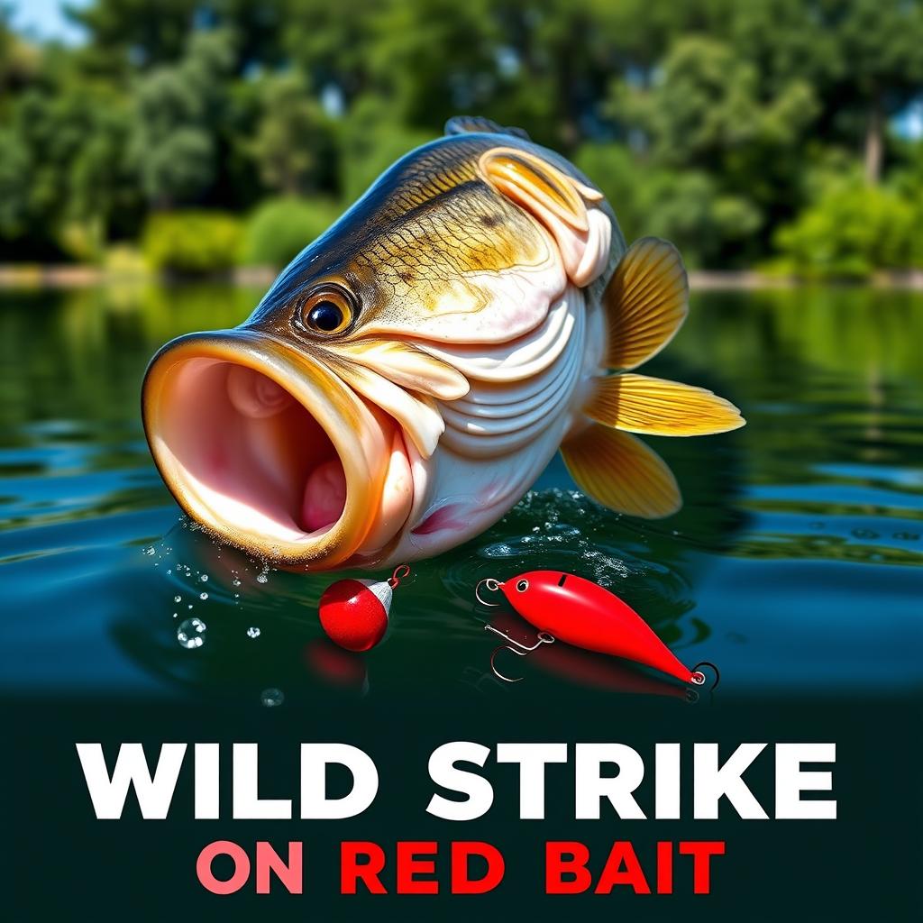 A high-resolution thumbnail featuring a close-up of a large bass energetically attacking a vivid red lure submerged in the water