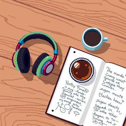 A cozy pixel art scene depicting a pair of stylish headphones resting on a wooden table, beside an open notebook with blank pages