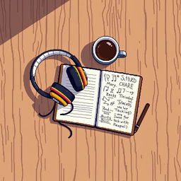 A cozy pixel art scene depicting a pair of stylish headphones resting on a wooden table, beside an open notebook with blank pages