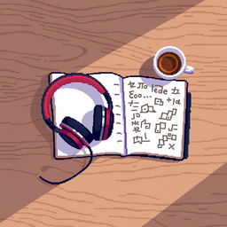 A cozy pixel art scene depicting a pair of stylish headphones resting on a wooden table, beside an open notebook with blank pages