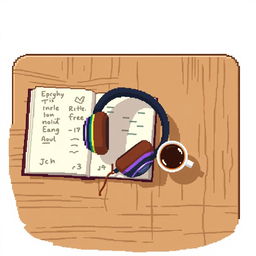 A cozy pixel art scene depicting a pair of stylish headphones resting on a wooden table, beside an open notebook with blank pages