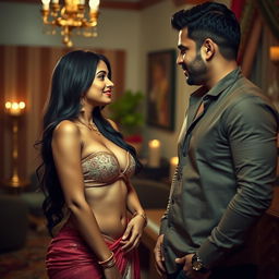 A sensual and alluring scene featuring a beautiful Indian woman wearing a stylish and revealing outfit, showcasing her curves