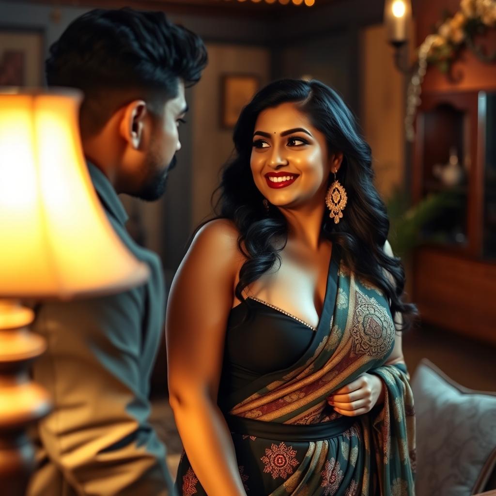 A sensual and alluring scene featuring a curvy Indian woman with prominent features, showcasing her confidence and beauty in a stylish outfit that accentuates her curves