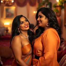 A sensual and alluring scene featuring a curvy Indian woman with prominent features, showcasing her confidence and beauty in a stylish outfit that accentuates her curves