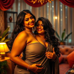 A sensual and alluring scene featuring a curvy Indian woman with prominent features, showcasing her confidence and beauty in a stylish outfit that accentuates her curves