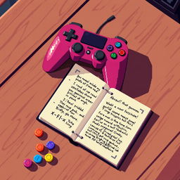 A playful pixel art scene featuring a vibrant game controller (player) resting atop a tabletop