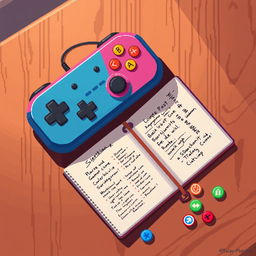 A playful pixel art scene featuring a vibrant game controller (player) resting atop a tabletop